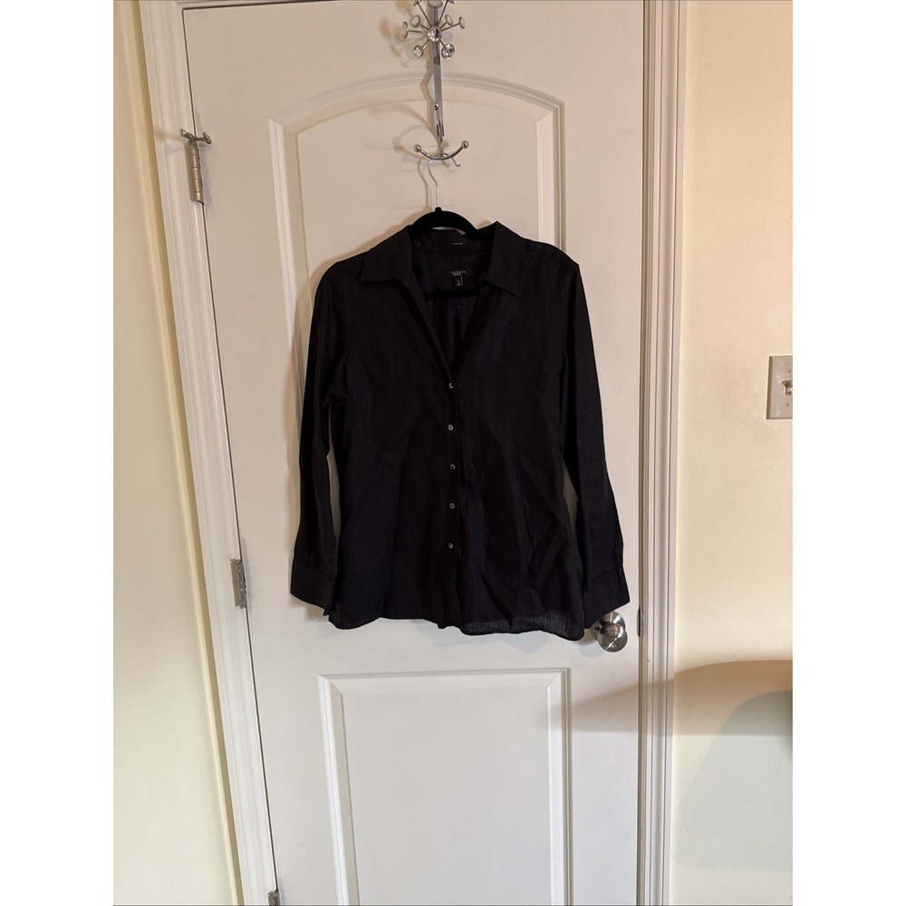 Talbots Pure Irish Linen Button Down V Neck Tunic Shirt Size 12 Black Woman